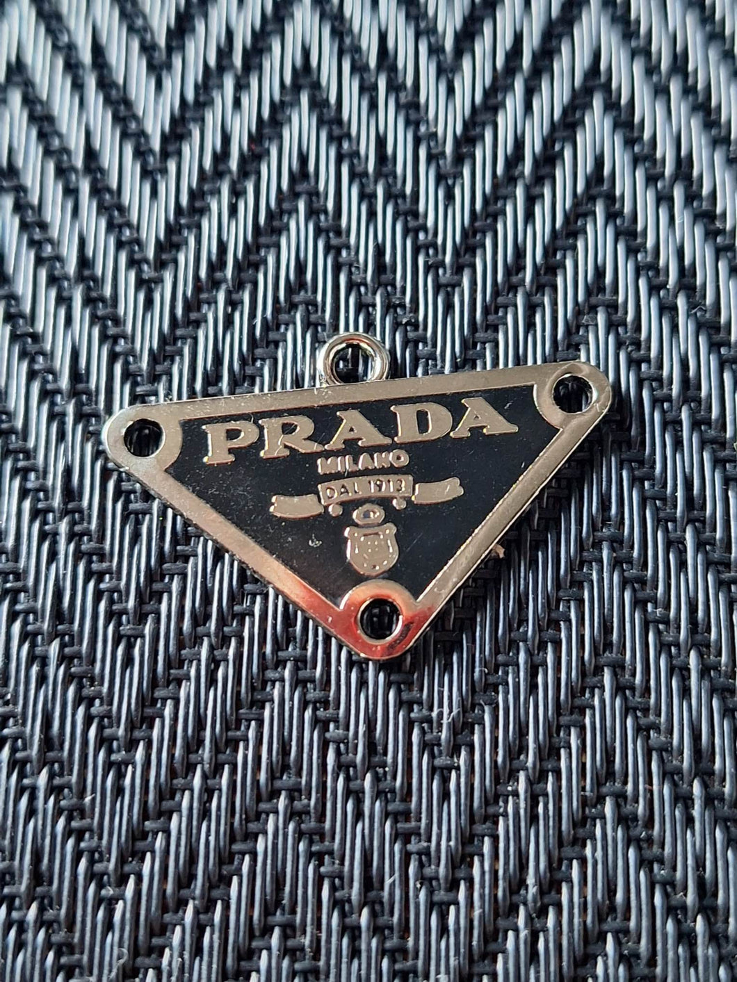 31 mm PRADA  stamped pendant buttons, black,silver metal