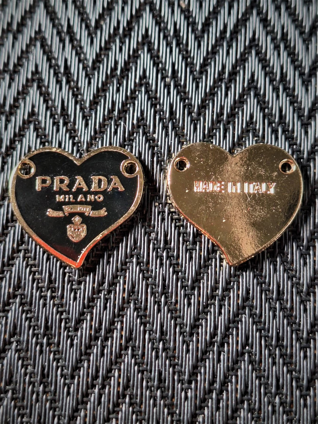 23 mm PRADA  stamped pendant buttons, black,gold metal