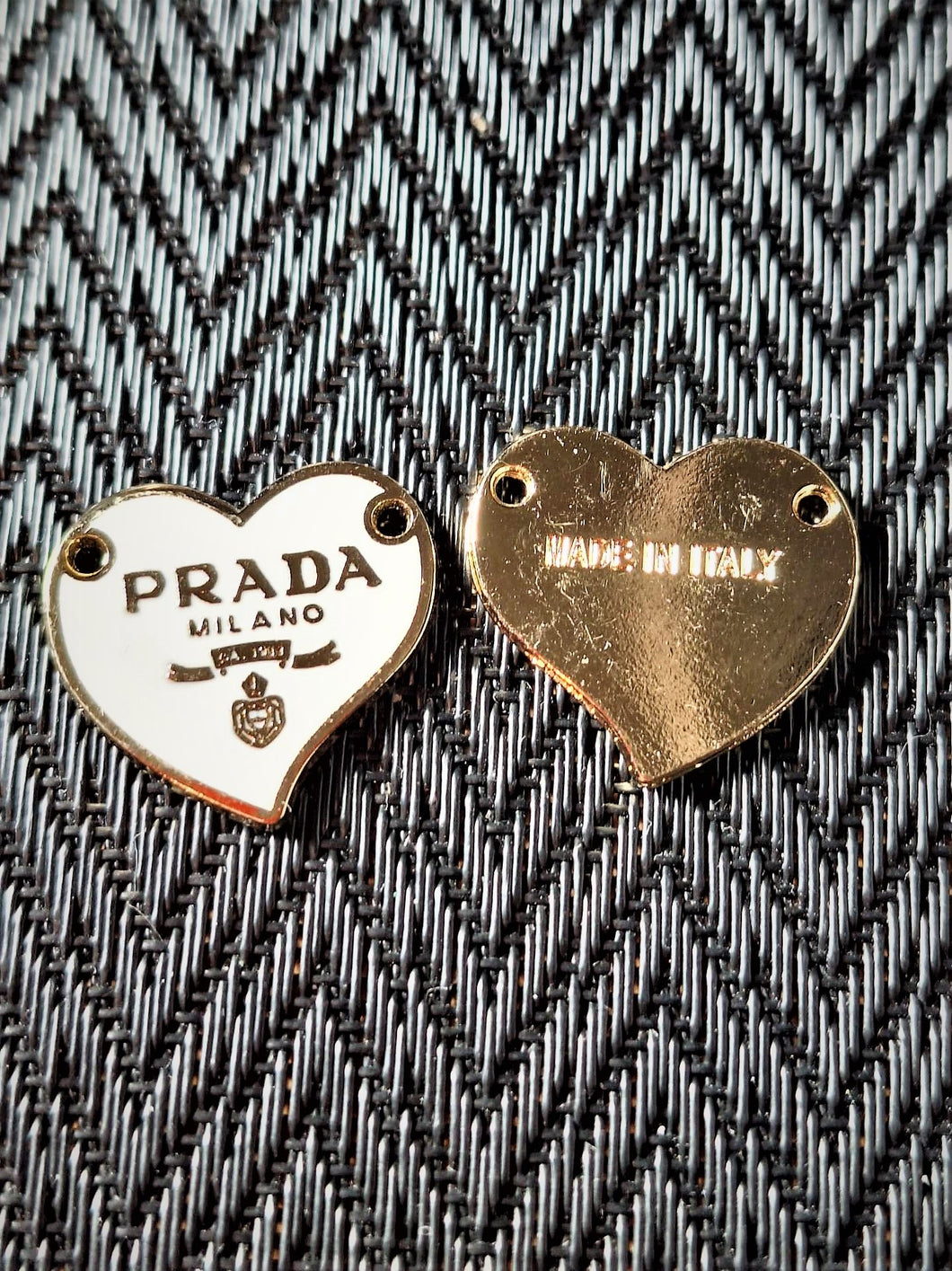 23 mm PRADA  stamped pendant buttons, withe,gold metal