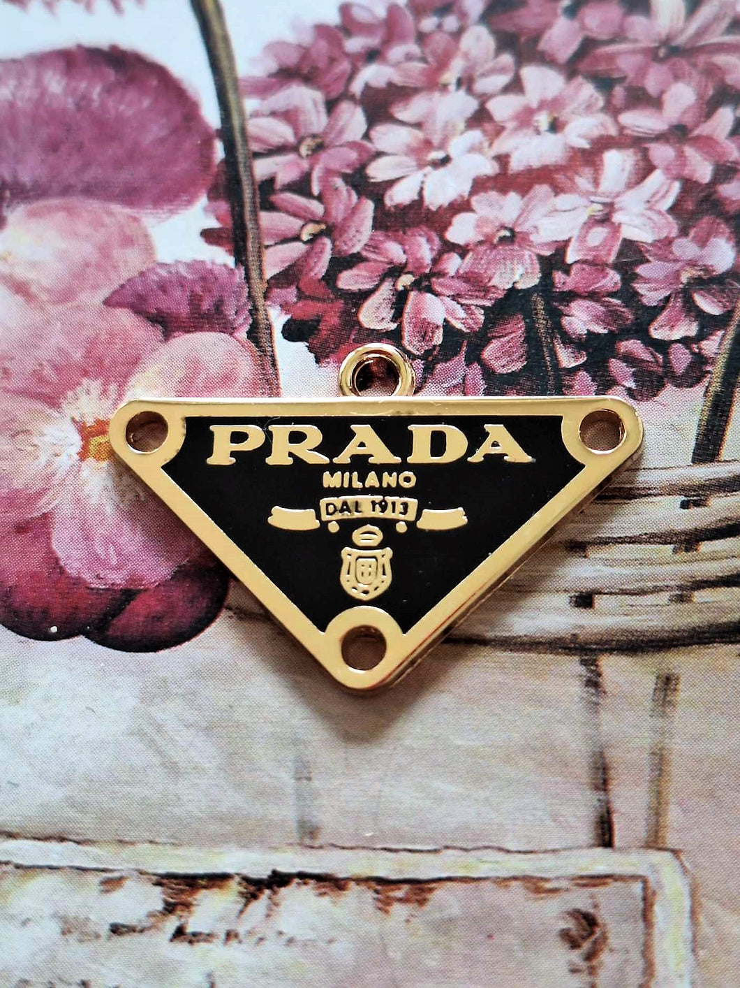 31 mm PRADA  stamped pendant buttons, black,gold metal