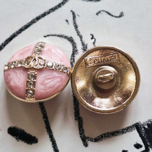 Load image into Gallery viewer, 18 mm stamped  buttons, gripox,zirkonia ecru,gold metal, opalescent,pink
